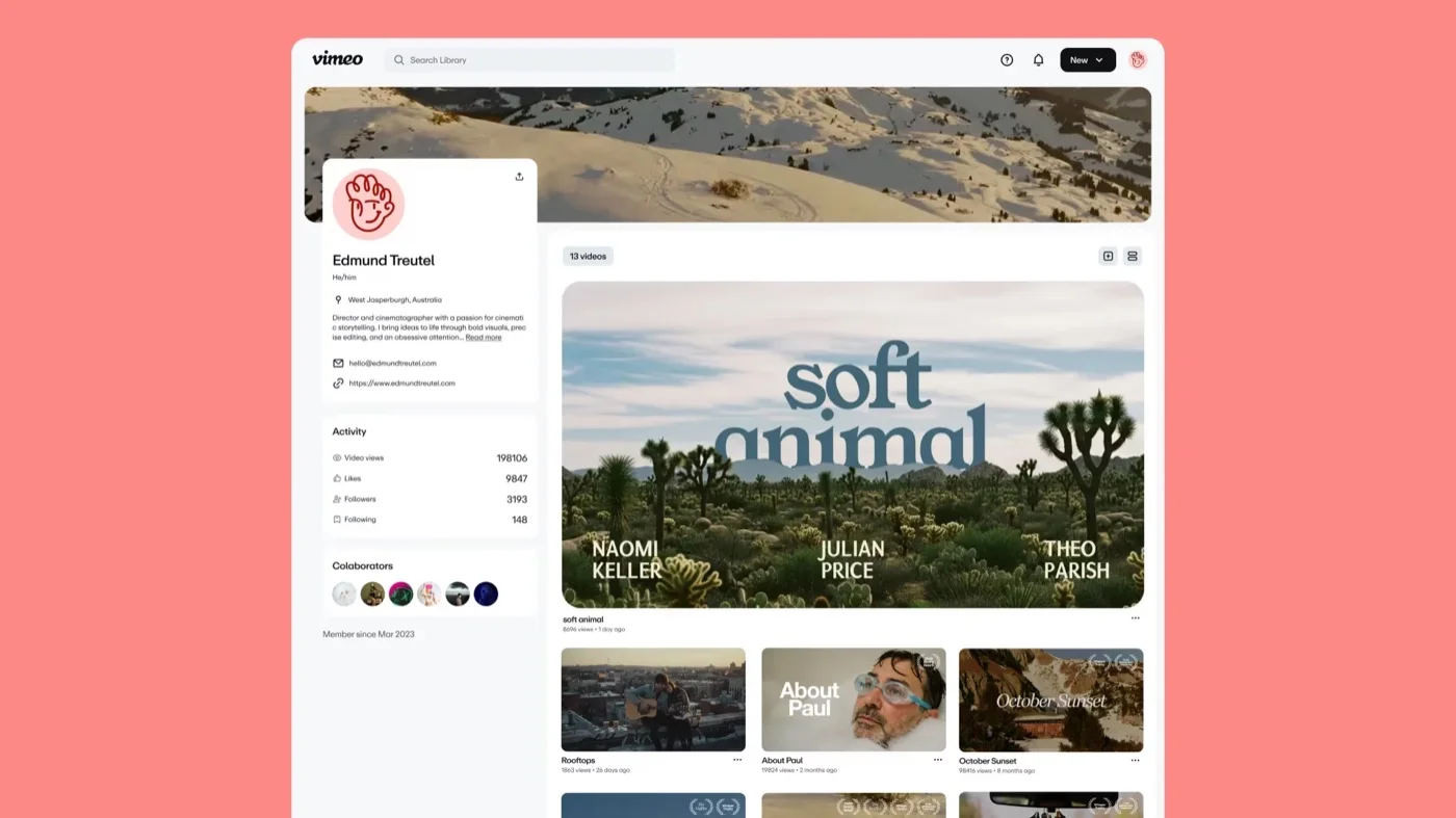 Vimeo creator profile with video library and engagement stats Vimeo creator profile with video library and engagement stats