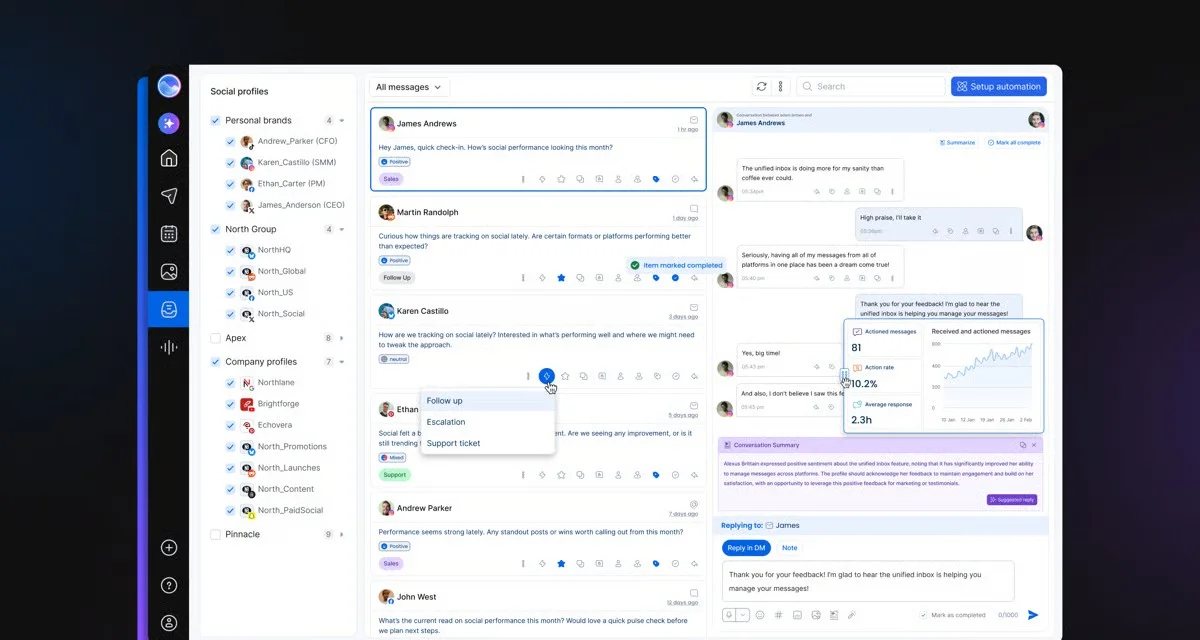 Vista Social inbox with profiles grouped on the left, messages tagged by sentiment and label, and a conversation with a reply box Vista Social inbox with profiles grouped on the left, messages tagged by sentiment and label, and a conversation with a reply box