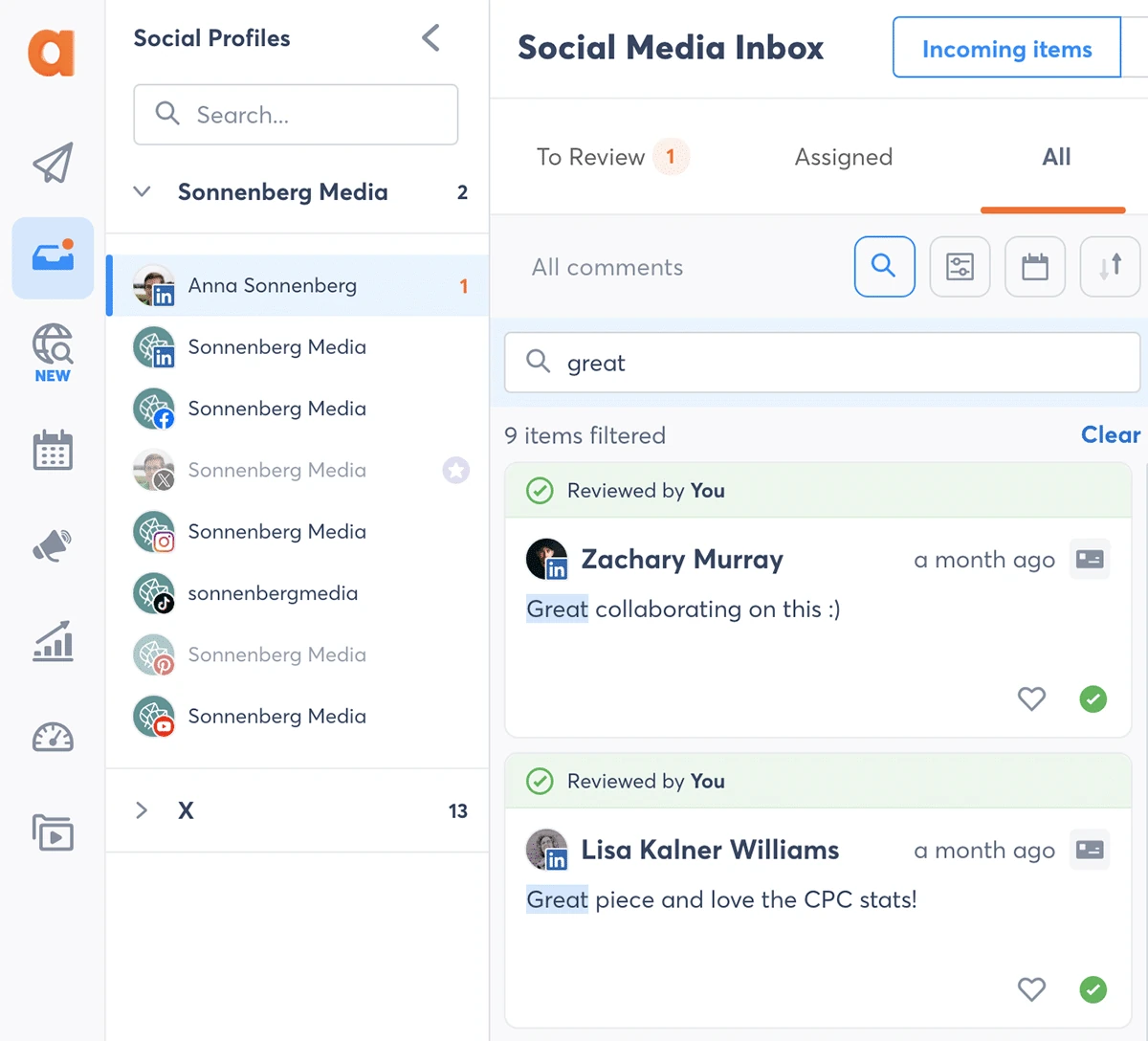 Agorapulse unified social inbox with profile list and comment filtering Agorapulse unified social inbox with profile list and comment filtering