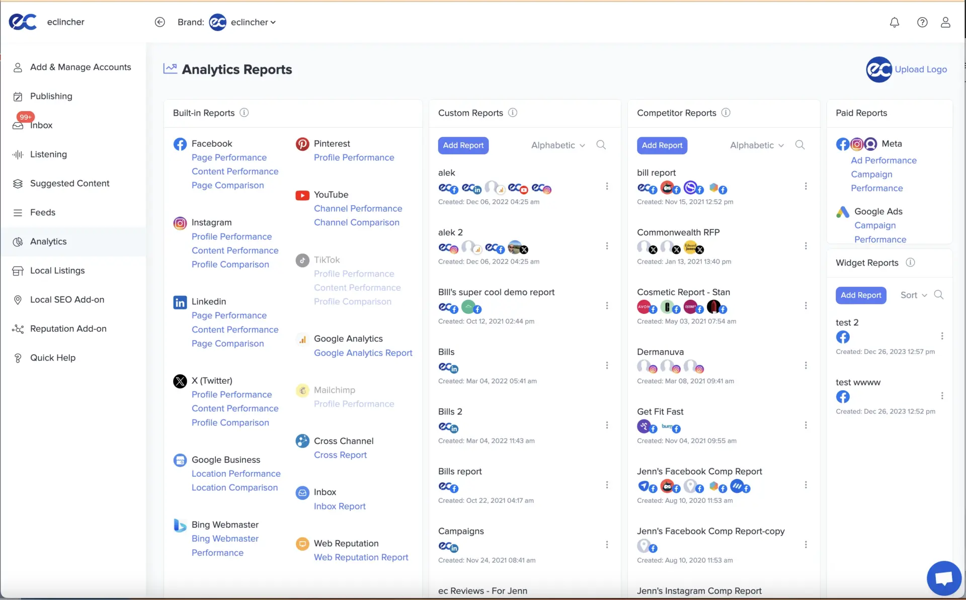 eClincher analytics reports library with built-in, custom and competitor reports eClincher analytics reports library with built-in, custom and competitor reports