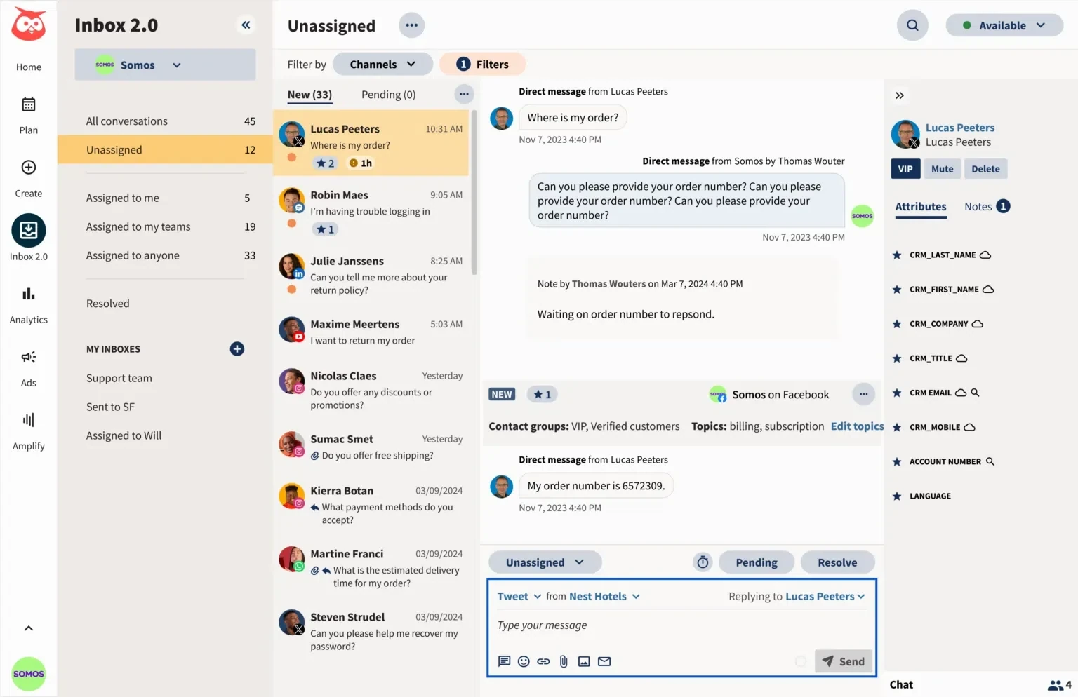 Hootsuite Inbox 2.0 showing unassigned conversations and customer attribute panel Hootsuite Inbox 2.0 showing unassigned conversations and customer attribute panel