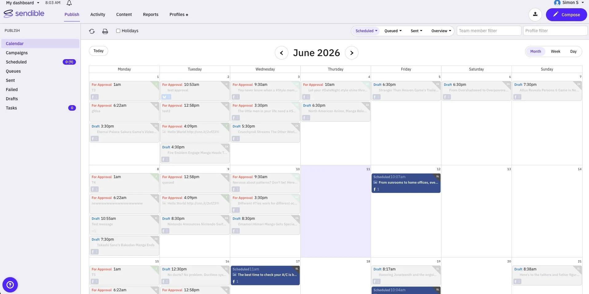 Sendible publishing calendar in month view with drafts awaiting approval Sendible publishing calendar in month view with drafts awaiting approval