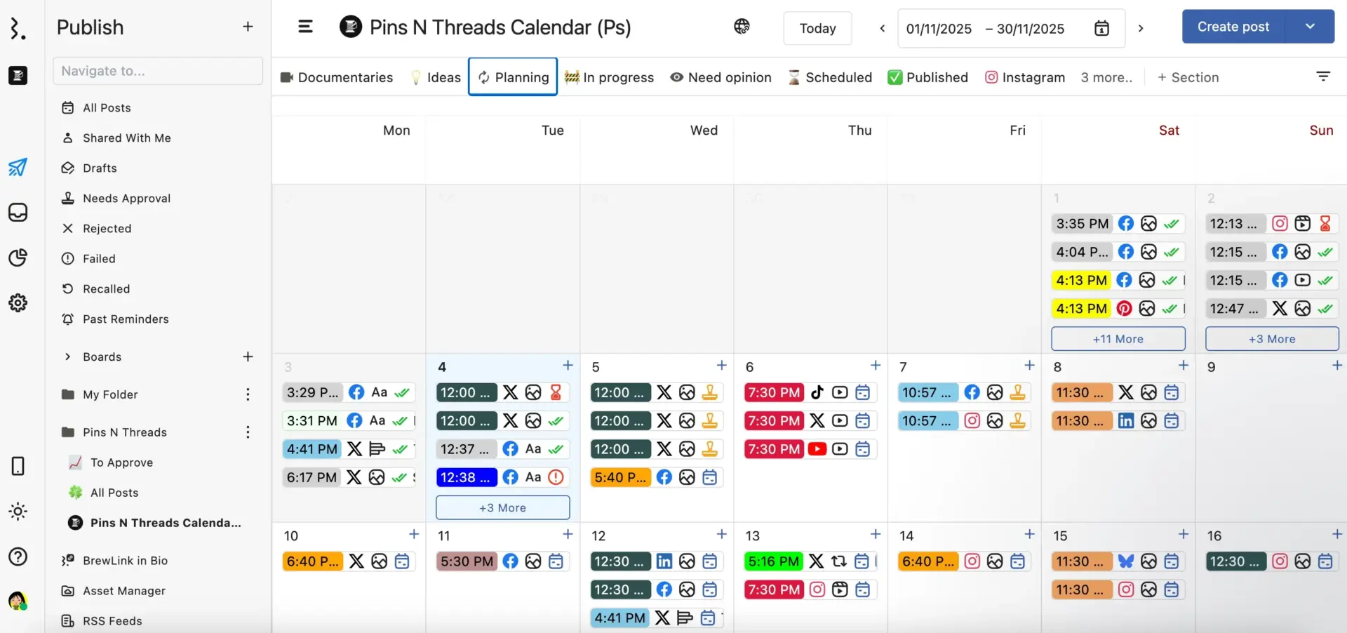 Statusbrew publishing calendar with colour-coded post statuses across networks Statusbrew publishing calendar with colour-coded post statuses across networks