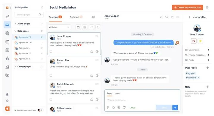 Agorapulse's unified inbox with comments and direct messages from several profiles in one list. Agorapulse's unified inbox with comments and direct messages from several profiles in one list.