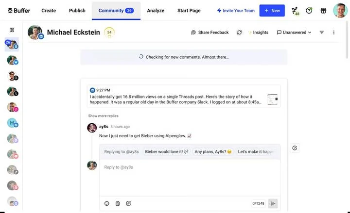 Buffer's Community dashboard, listing comments and mentions from connected channels. Buffer's Community dashboard, listing comments and mentions from connected channels.
