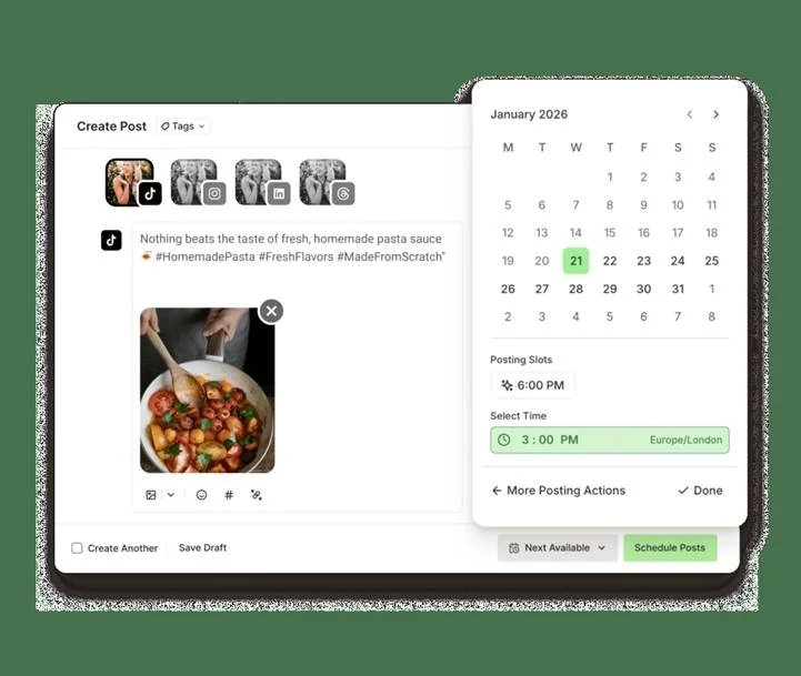 Buffer Create view for TikTok with crosspost channels, a text editor, image attachment and scheduling controls Buffer Create view for TikTok with crosspost channels, a text editor, image attachment and scheduling controls