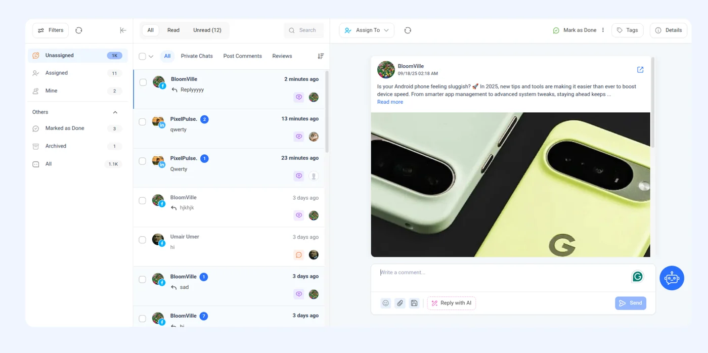 ContentStudio's social inbox with Unassigned, Assigned and Mine views, tabs for each message type and a Reply with AI option. ContentStudio's social inbox with Unassigned, Assigned and Mine views, tabs for each message type and a Reply with AI option.