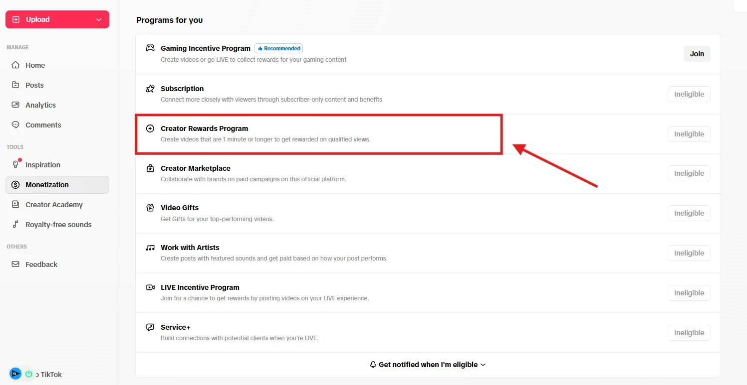 Creator Rewards Program eligibility page showing follower, view, and age requirements with an Apply button Creator Rewards Program eligibility page showing follower, view, and age requirements with an Apply button