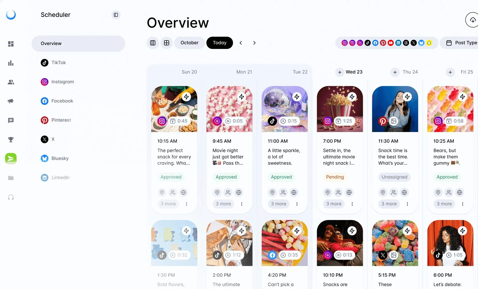 DashSocial's Scheduler Overview showing a week of posts as cards, each with its time, caption and an approval status. DashSocial's Scheduler Overview showing a week of posts as cards, each with its time, caption and an approval status.