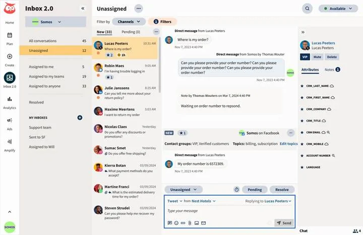 Hootsuite's Nest, with an Unassigned message queue, status filters and a reply box. Hootsuite's Nest, with an Unassigned message queue, status filters and a reply box.