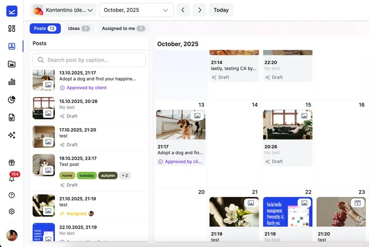 Kontentino calendar and post list showing statuses such as Approved by client and Draft. Kontentino calendar and post list showing statuses such as Approved by client and Draft.