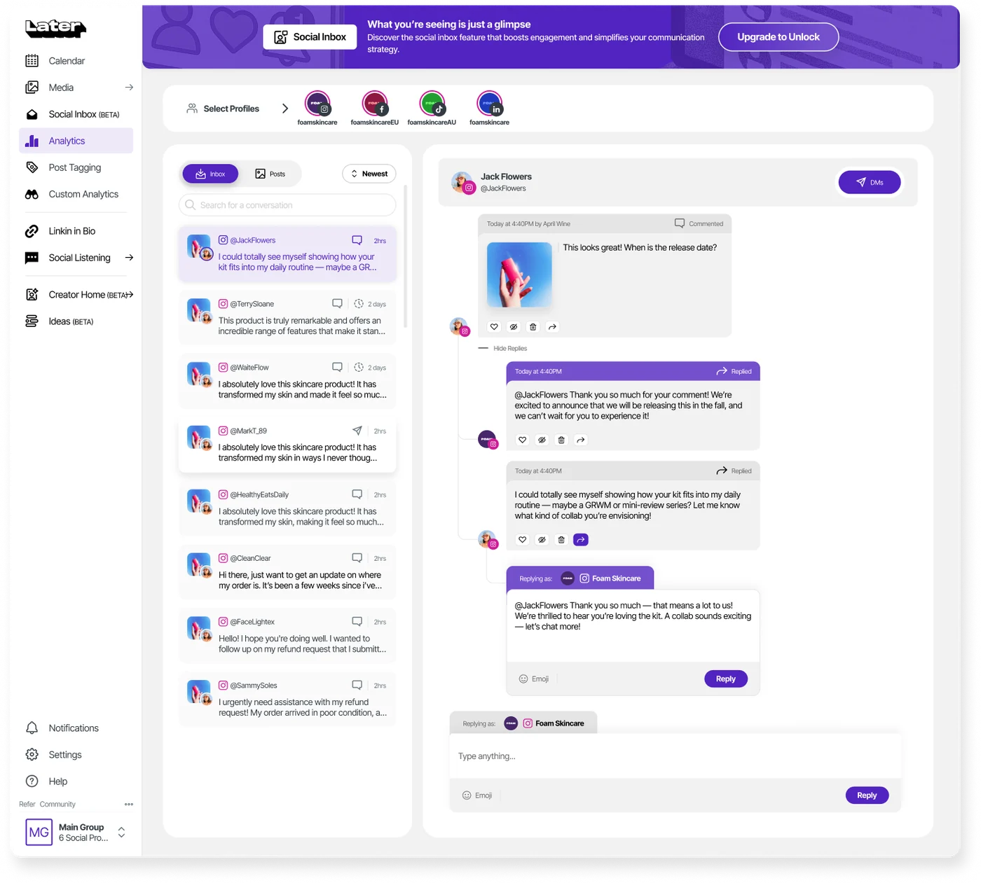 Later's Social Inbox, showing unread Instagram comments and direct messages in one prioritized feed. Later's Social Inbox, showing unread Instagram comments and direct messages in one prioritized feed.