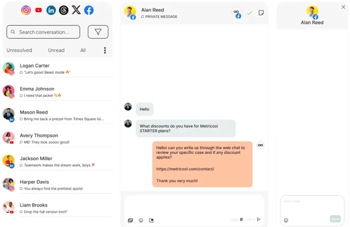 Metricool's Inbox, with Unresolved, Unread and All tabs, a conversation list and an open message thread. Metricool's Inbox, with Unresolved, Unread and All tabs, a conversation list and an open message thread.