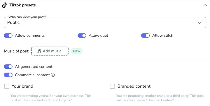 Metricool TikTok presets panel with who can view, comment, duet and stitch options, Add music and content disclosure toggles Metricool TikTok presets panel with who can view, comment, duet and stitch options, Add music and content disclosure toggles