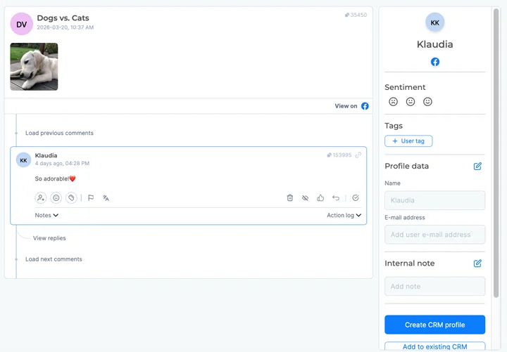 A NapoleonCat comment ticket with reply actions along the top and a side panel holding sentiment, tags and notes. A NapoleonCat comment ticket with reply actions along the top and a side panel holding sentiment, tags and notes.