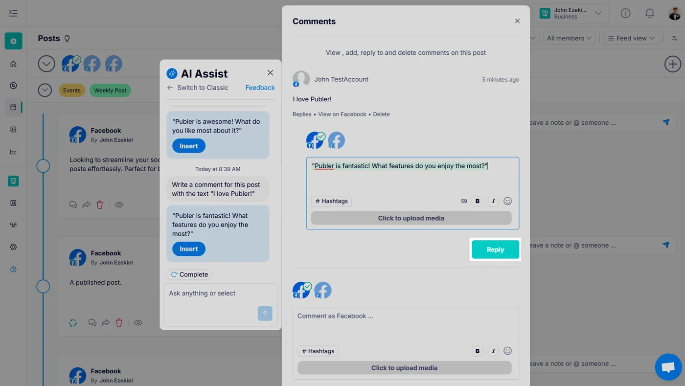 Publer’s Comments window on a published Facebook post, with the AI Assist panel suggesting replies. Publer’s Comments window on a published Facebook post, with the AI Assist panel suggesting replies.