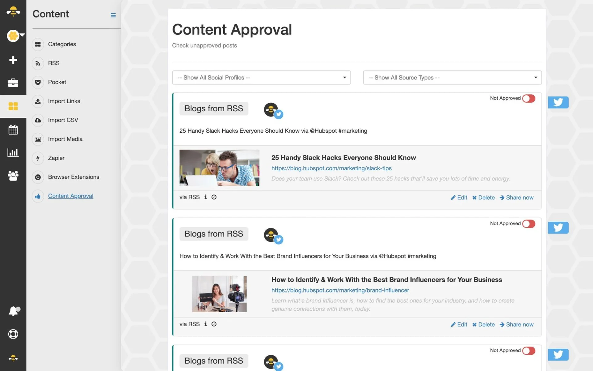 SocialBee's Content Approval tab showing posts awaiting review. SocialBee's Content Approval tab showing posts awaiting review.