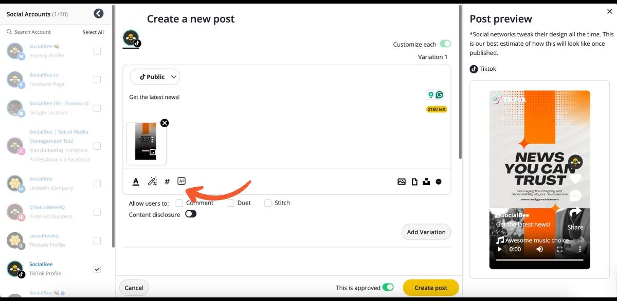 SocialBee TikTok post scheduler and post preview SocialBee TikTok post scheduler and post preview