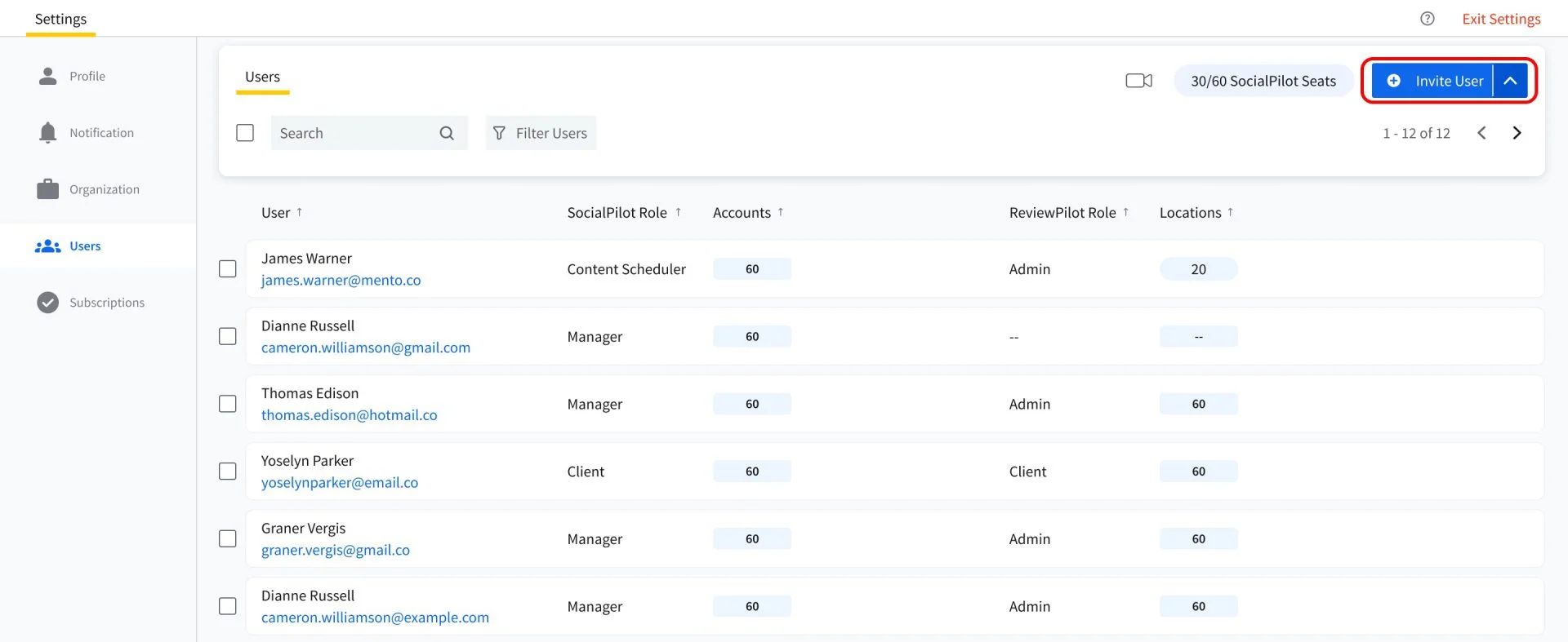 SocialPilot's Users screen listing team members with Manager, Client and Content Scheduler role. SocialPilot's Users screen listing team members with Manager, Client and Content Scheduler role.