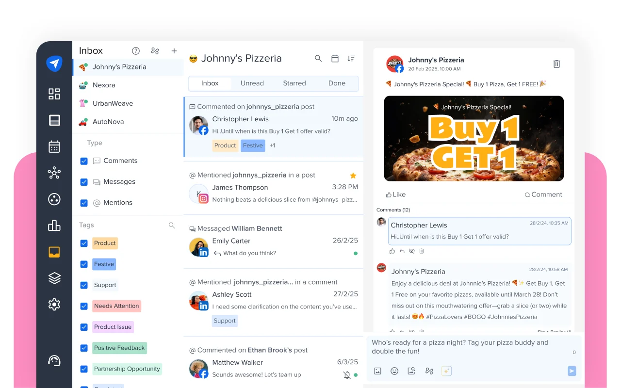 The Social Inbox in SocialPilot, with Comments, Messages and Mentions filters, an open conversation and a reply box. The Social Inbox in SocialPilot, with Comments, Messages and Mentions filters, an open conversation and a reply box.