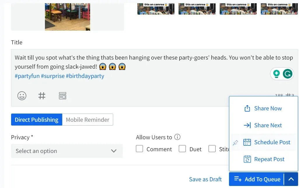 SocialPilot TikTok composer with Direct Publishing and Mobile Reminder options, privacy settings and Schedule Post SocialPilot TikTok composer with Direct Publishing and Mobile Reminder options, privacy settings and Schedule Post