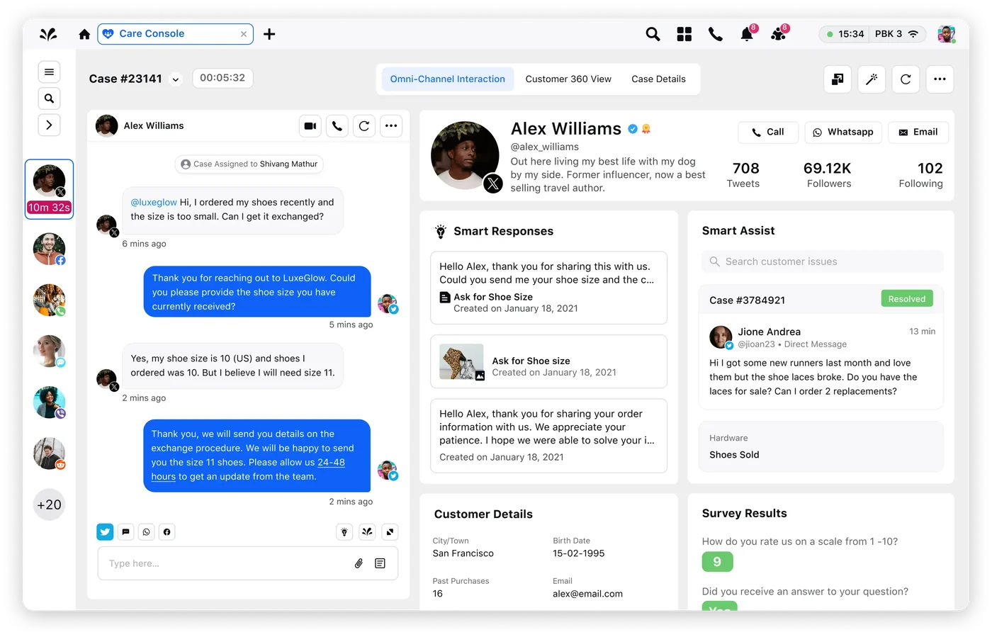 Sprinklr’s Care Console showing an X conversation with Smart Responses for reply suggestions, a Smart Assist panel of past cases. Sprinklr’s Care Console showing an X conversation with Smart Responses for reply suggestions, a Smart Assist panel of past cases.