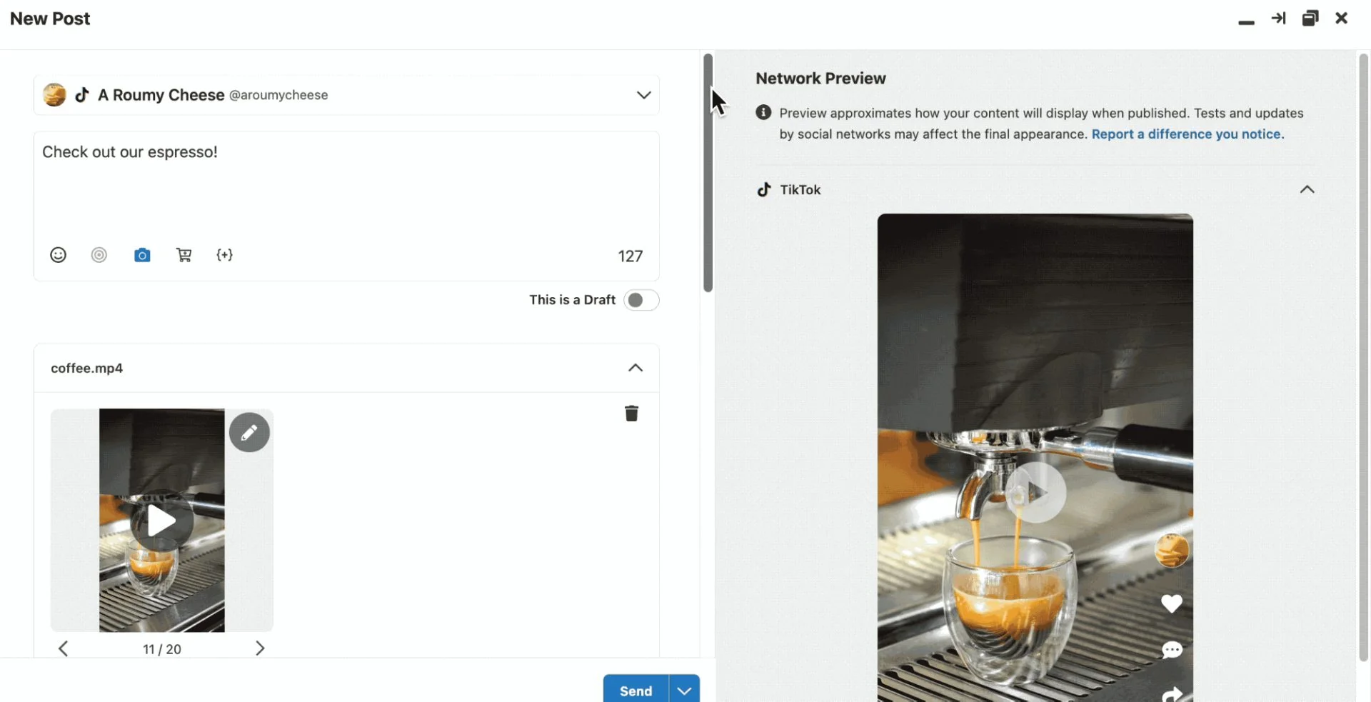 Sprout Social post composer with post preview and scheduling button Sprout Social post composer with post preview and scheduling button