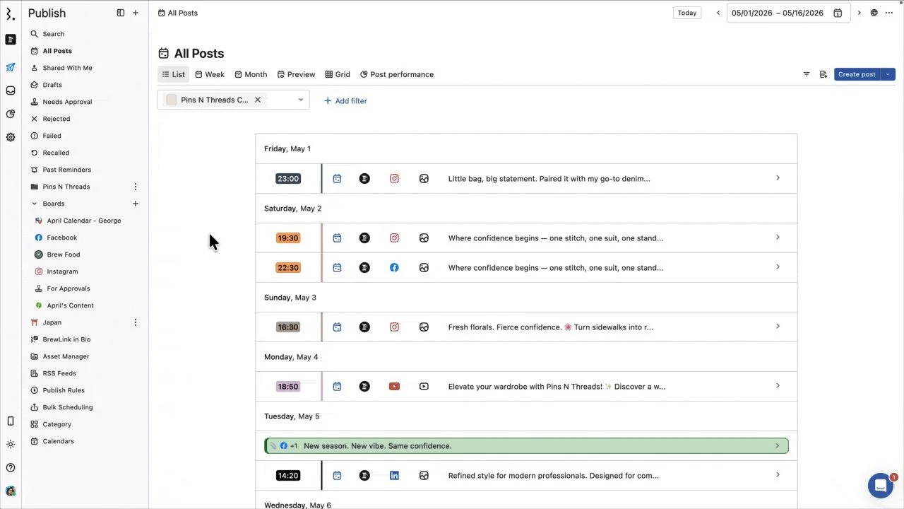 Statusbrew's Publish dashboard showing scheduled posts by day in List view, with folders such as Drafts, Needs Approval and Rejected in the left menu. Statusbrew's Publish dashboard showing scheduled posts by day in List view, with folders such as Drafts, Needs Approval and Rejected in the left menu.