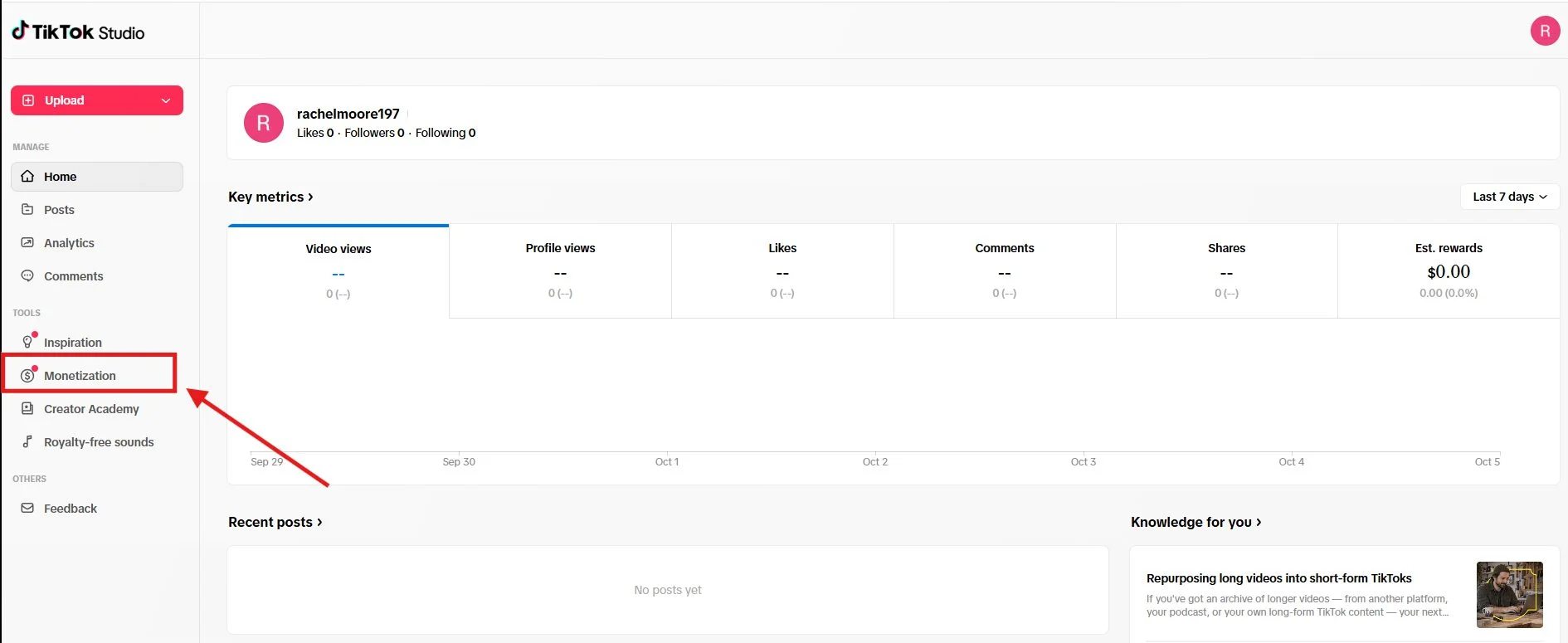 TikTok Studio Monetization screen with the Creator Rewards Program option TikTok Studio Monetization screen with the Creator Rewards Program option