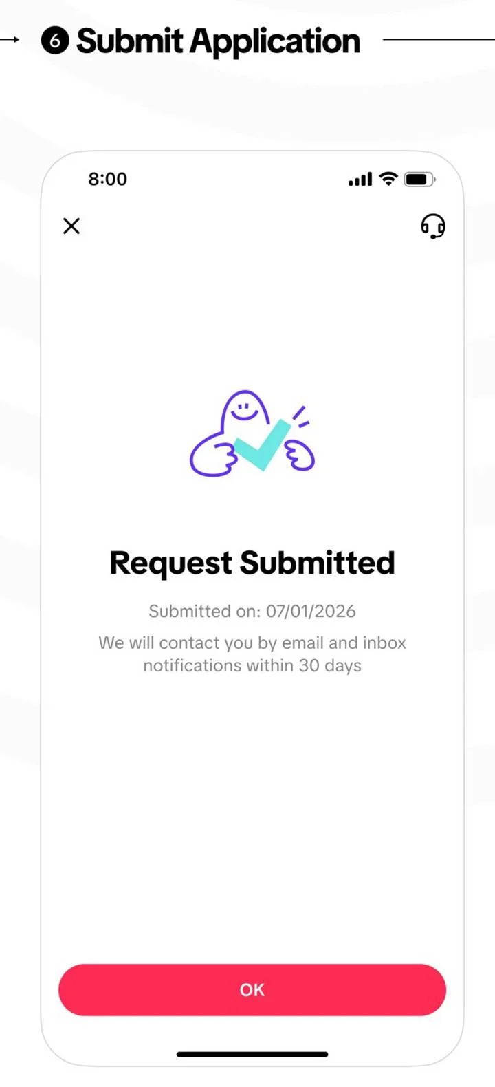 The Request Submitted confirmation screen after submitting a TikTok verification request The Request Submitted confirmation screen after submitting a TikTok verification request