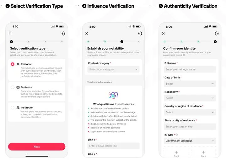 Choosing a verification type, adding notability links, and confirming your identity in the TikTok app Choosing a verification type, adding notability links, and confirming your identity in the TikTok app