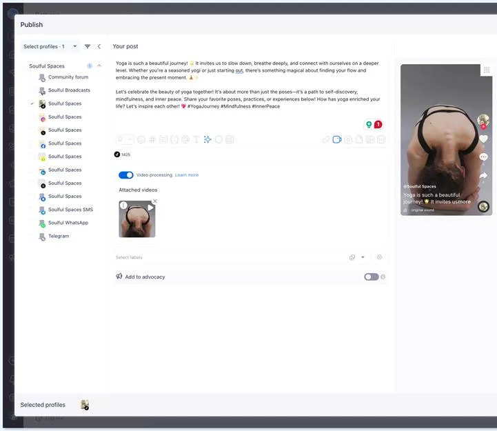 Vista Social Publish window with a TikTok profile selected, caption, attached video and TikTok preview Vista Social Publish window with a TikTok profile selected, caption, attached video and TikTok preview