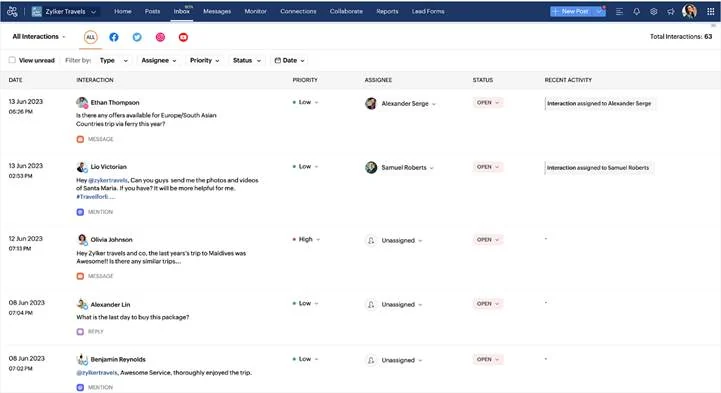 Zoho Social's Inbox showing interactions from several connected networks in one list. Zoho Social's Inbox showing interactions from several connected networks in one list.